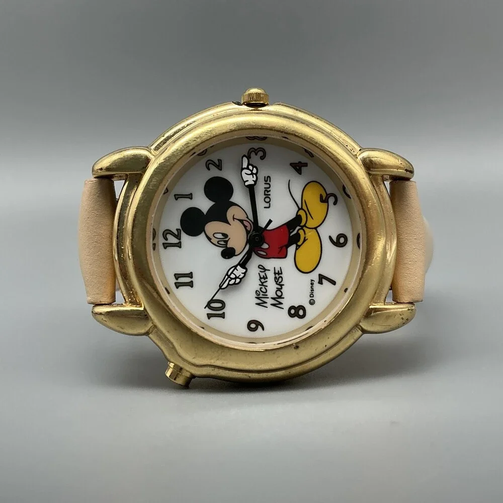 Lorus Women Watch 36mm White Mickey Mouse Talking Gold Tone Leather New Battery
